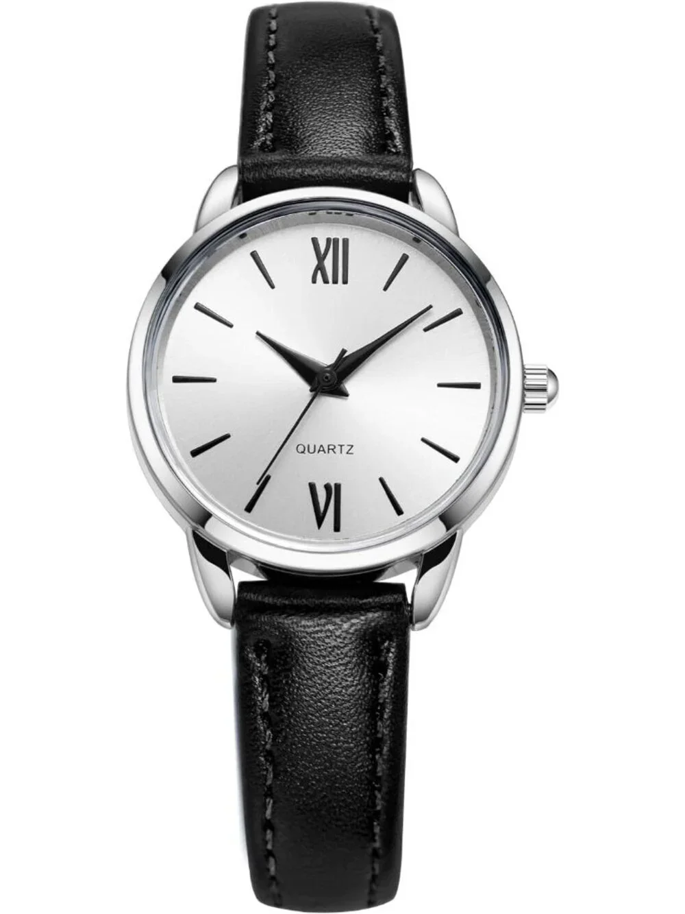 Womens Black And Silver Analog Quartz Leather Strap Solid Minimalist Wrist Watch
